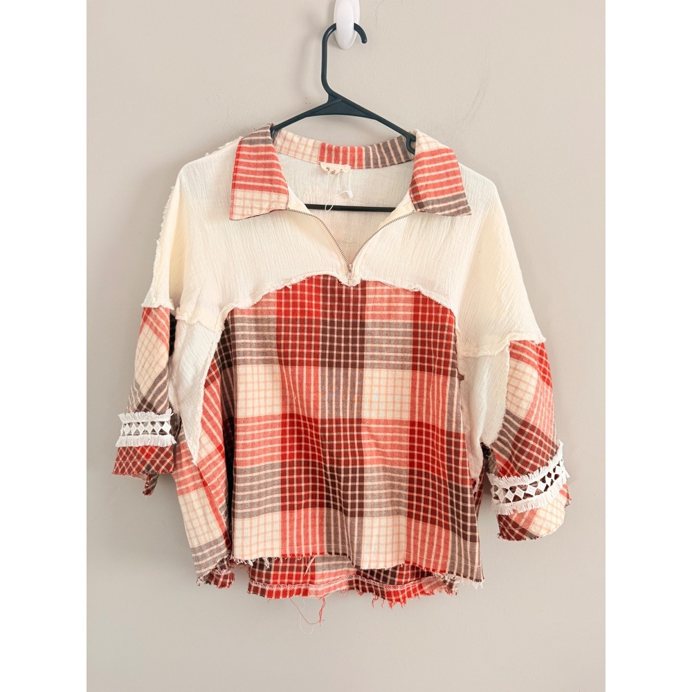 POL Plaid Patchwork Top Women Medium Orange Raw Hem Crochet Quarter Zip